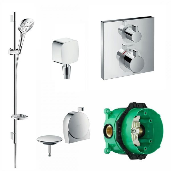 Hansgrohe Square Ecostat Concealed Valve with Raindance Select Rail Kit and Exafill Bath Filler